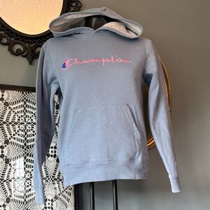 Champion Hoodie in Blue with Pink Script